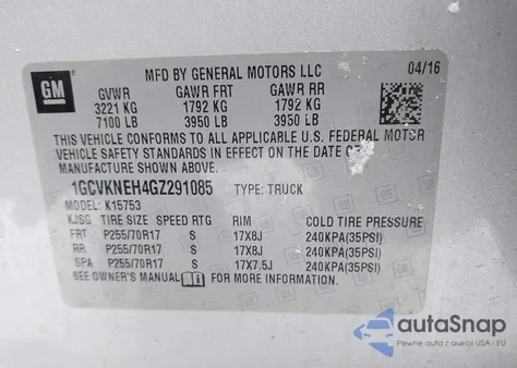 2016 Chevrolet Silverado 1500 Wt из США, поврежденный, VIN 1GCVKNEH4GZ291085